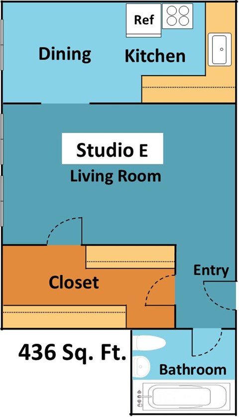 Floor plan for studio, 1 bath, 436 sqft